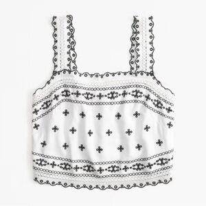 Abercrombie & Fitch Linen-Blend Embroidered Tie-Back Top in White & Black, Large